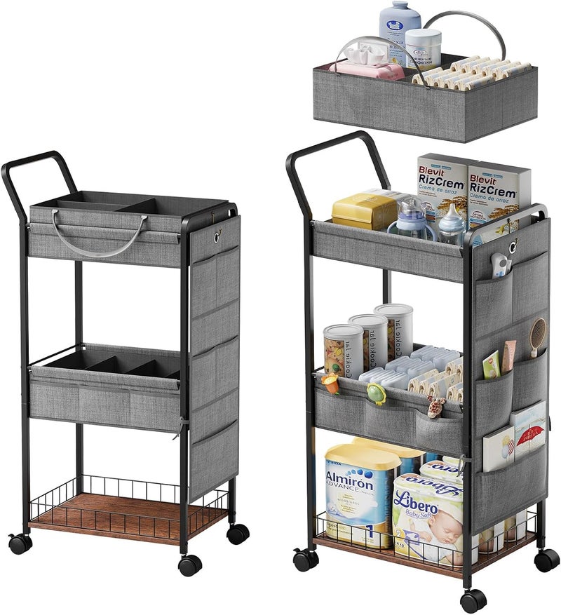 BBLIKE 3-Tier Diaper Caddy Organizer - Rolling Utility Baby Cart with Basket and Side Pockets for Nursery and Baby Essentials, Multi-Function Cart for Bedroom and Bathroom,Gray - Image 1
